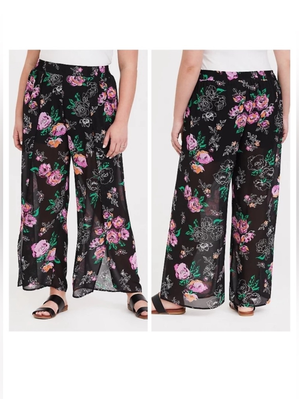 Black Floral sheer Wide-Leg Pants